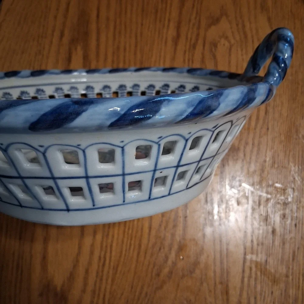 Vintage 90s Cottagecore Stoneware Basket Handles Fruit Lattice Butter Mom